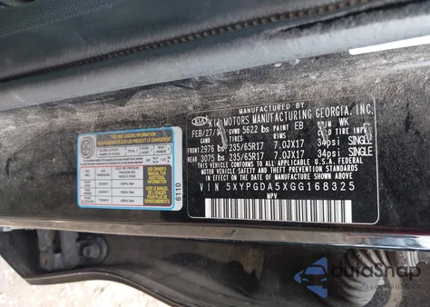 2016 Kia Sorento 3.3L Lx z USA, uszkodzony, nr VIN 5XYPGDA5XGG168325